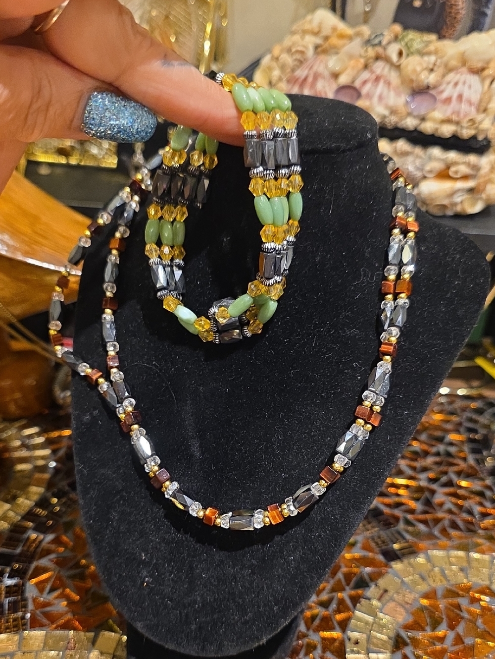 Magnetic Me Green, Gold & Silver Beaded Necklace Set